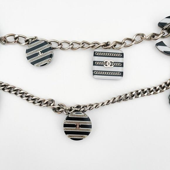 CHANEL 2005 CC Chain Belt Necklace Black and White Stripe Resin Charms Logo - Picture 7 of 16